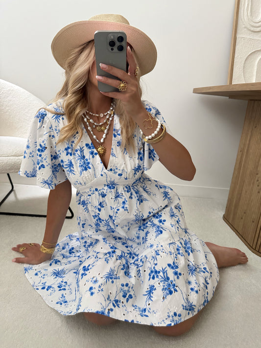 HONORIA floral print embroidered short dress