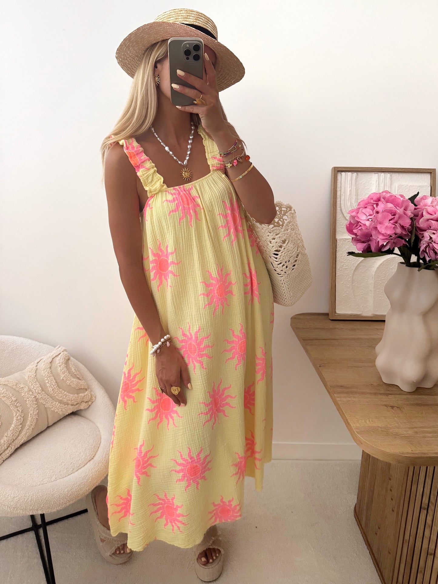 ARAW Cotton Gauze Print Dress - Yellow