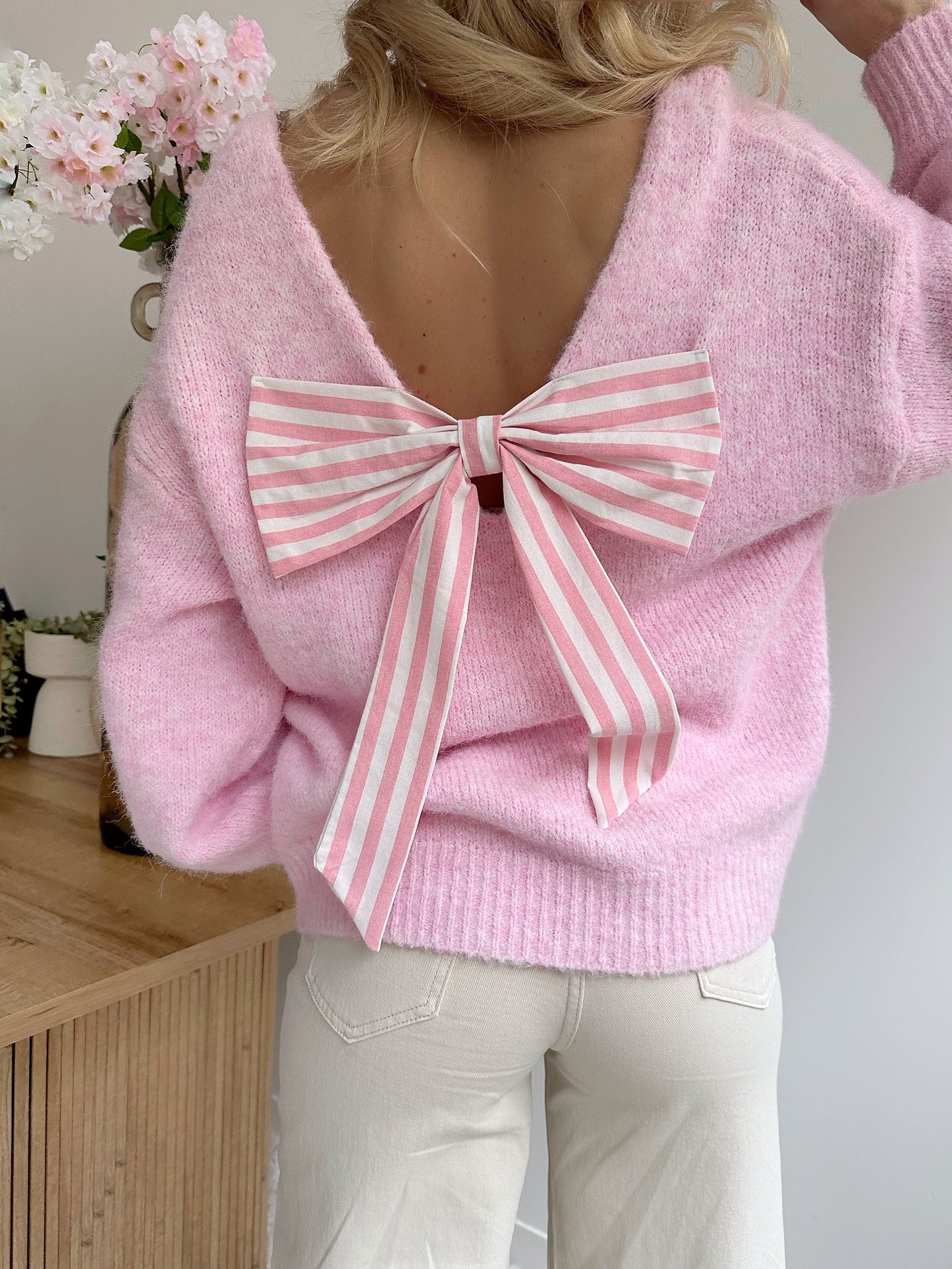 EMRULA pink striped bow knit
