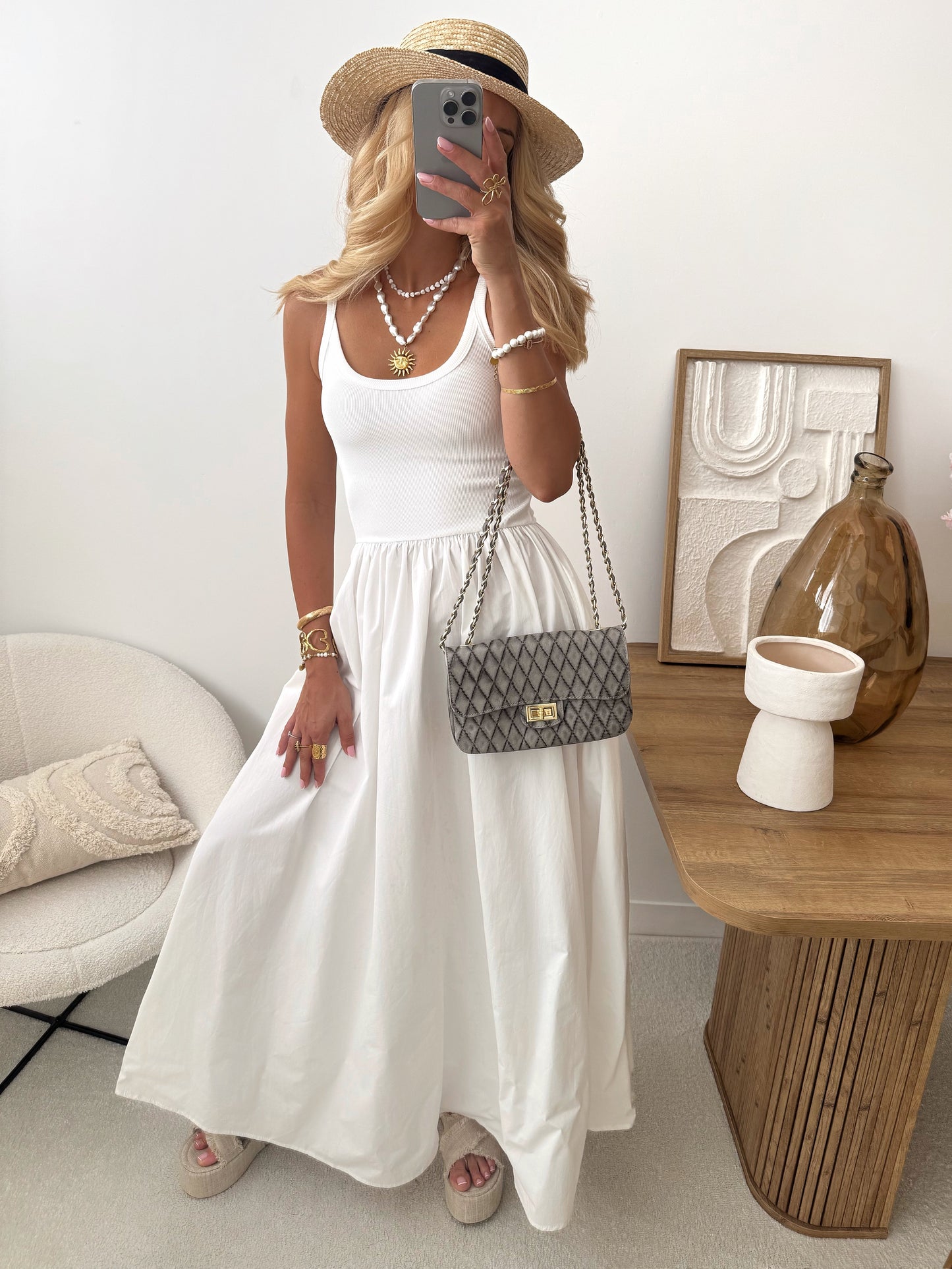 REGINE two-material long dress - white