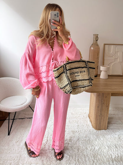 FABRON English embroidery cotton gauze pants - pink