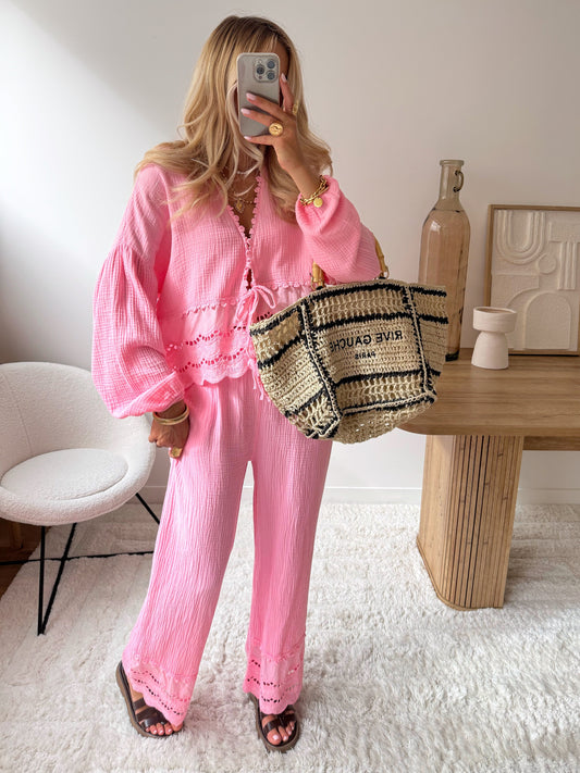 FABRON English embroidery cotton gauze pants - pink