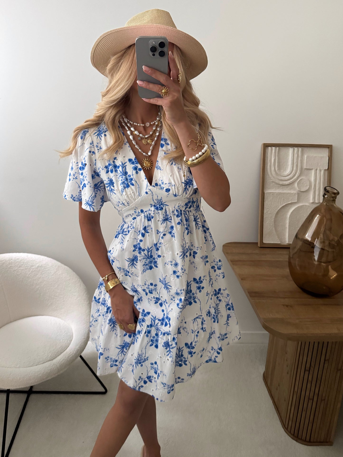 HONORIA floral print embroidered short dress