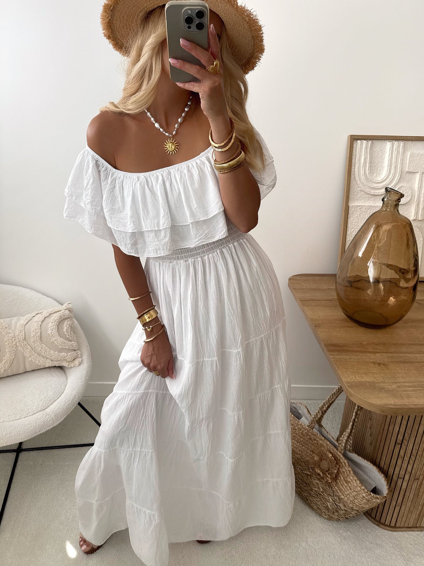 ARCANE long ruffled bardot neck dress - white