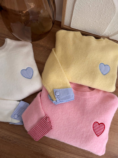 AVELINO yellow embroidered gingham print heart sweater