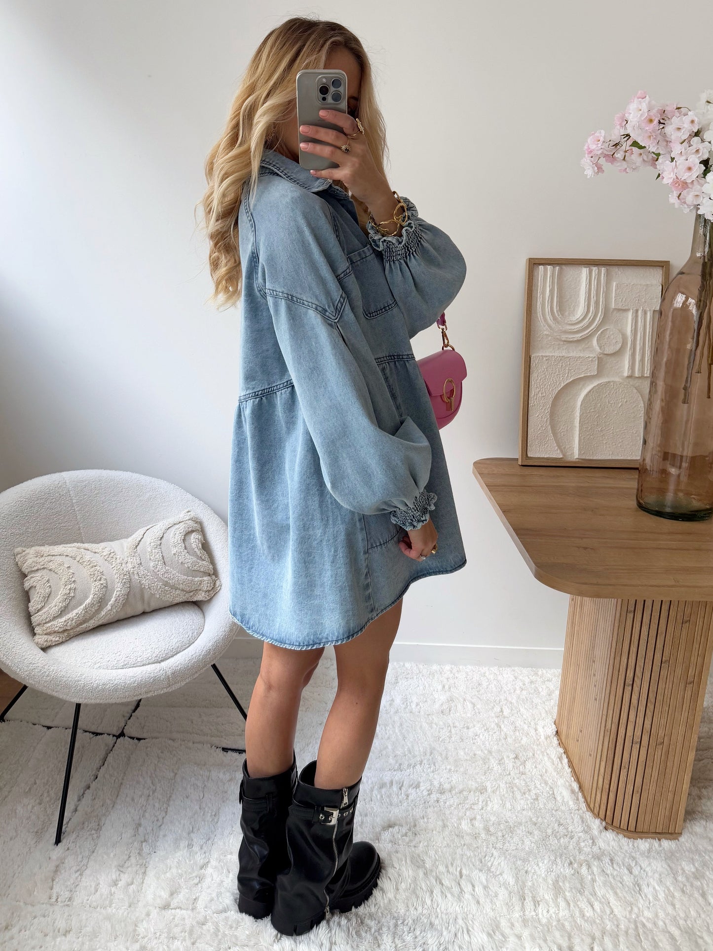 ALANYS light blue shirt collar denim dress