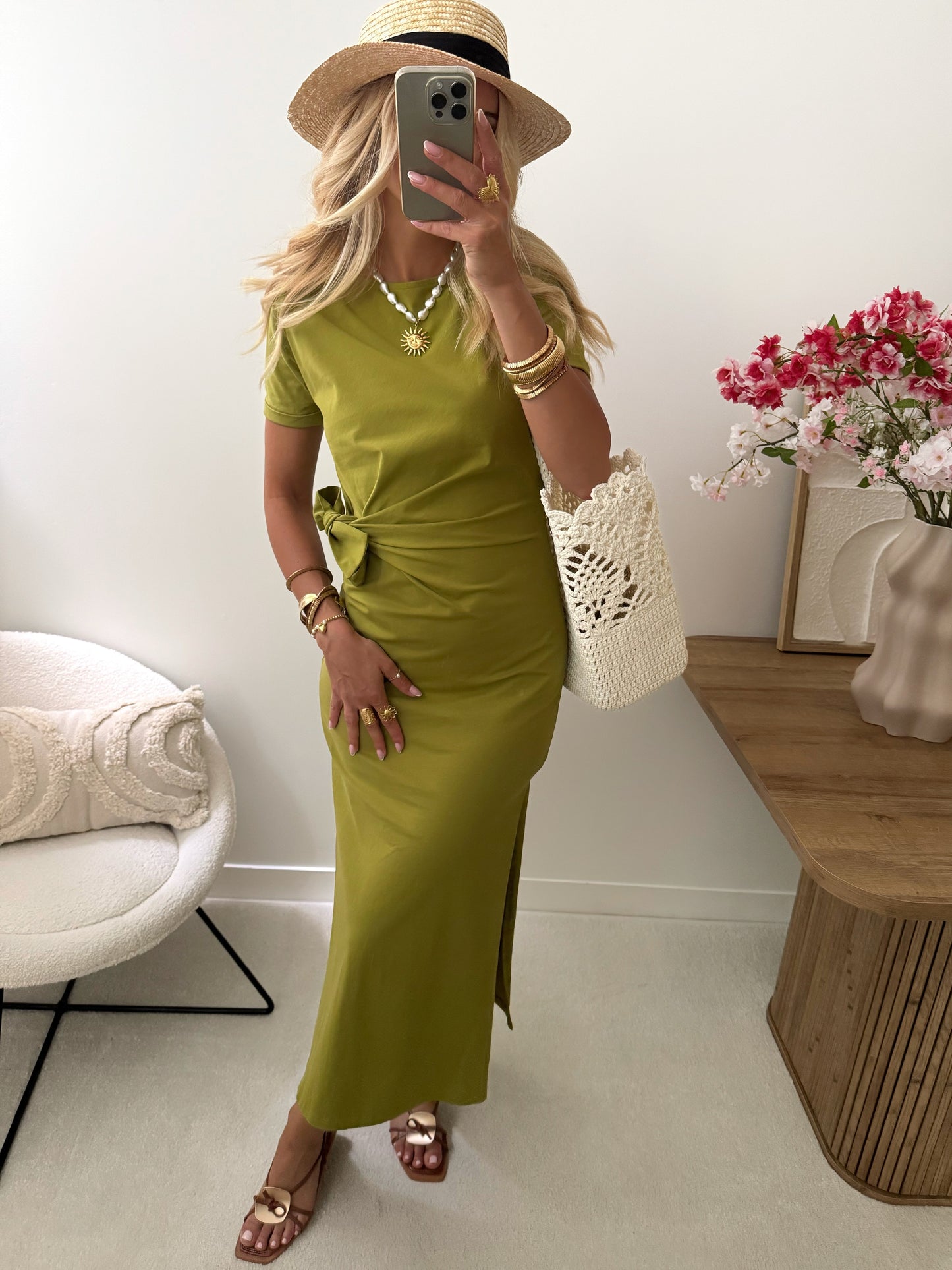 HAVANE long tie-up dress - olive green